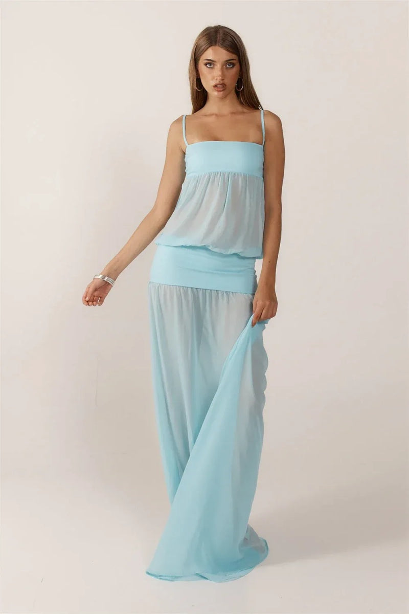 Blue Sheer Maxi Dress-ROVOLE