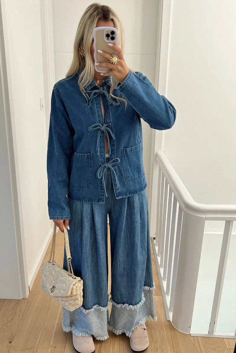 Tie Dark Blue Denim Jacket-ROVOLE