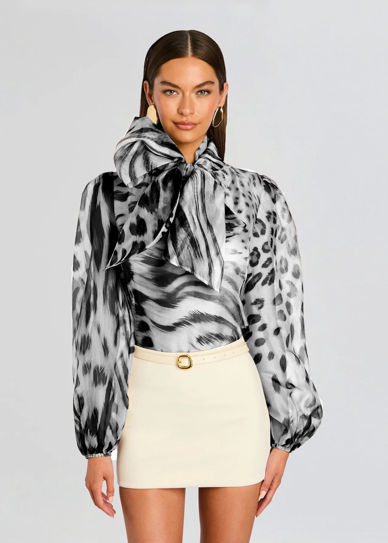 Animal Print Bow-Neck Sheer Blouse