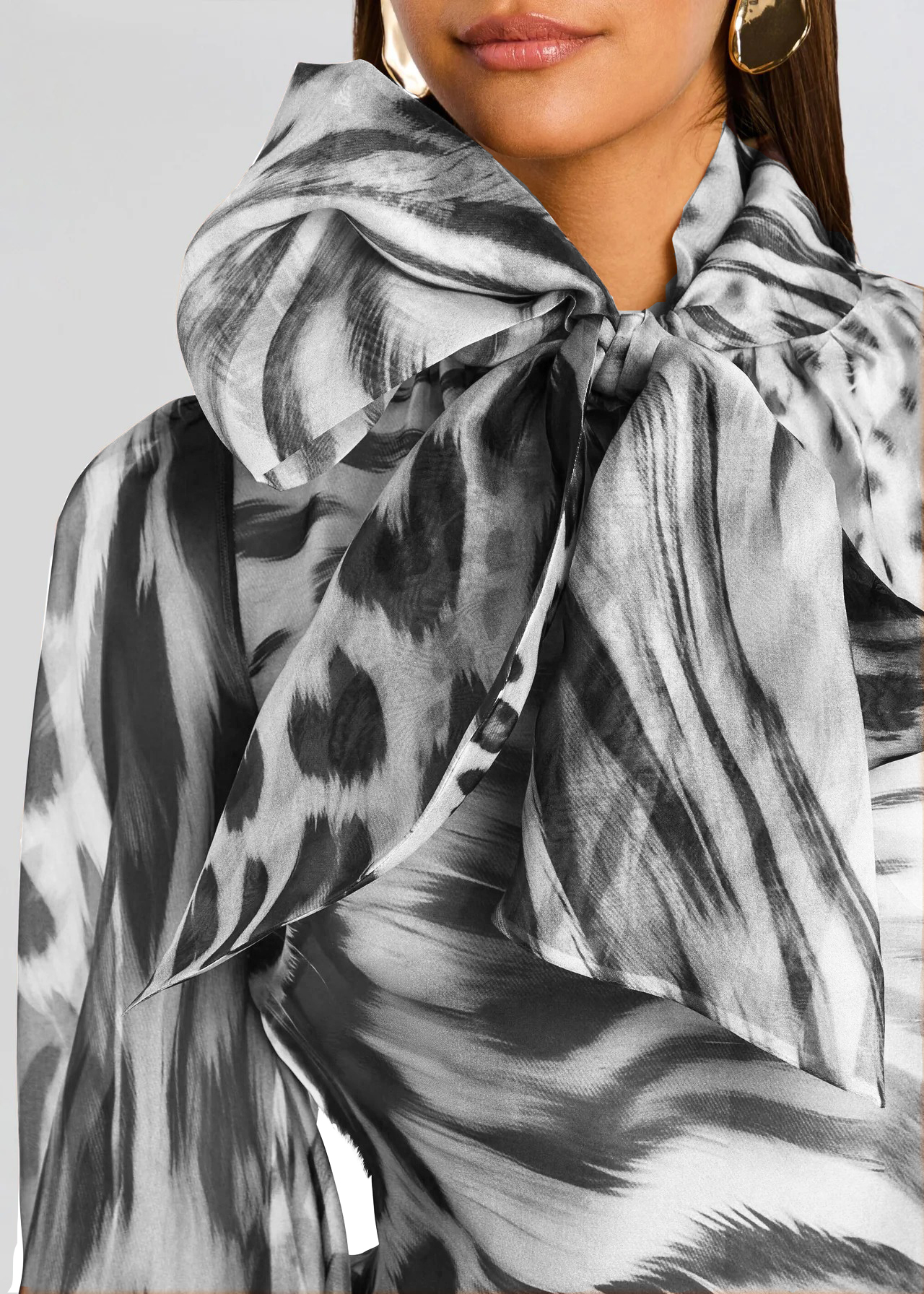 Animal Print Bow-Neck Sheer Blouse