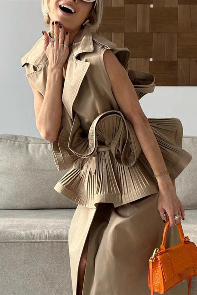 Suzanne Lapel Collar Ruffle Polyester Top-ROVOLE