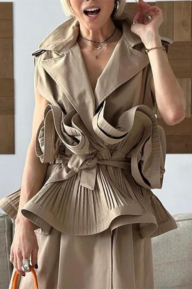 Suzanne Lapel Collar Ruffle Polyester Top-ROVOLE