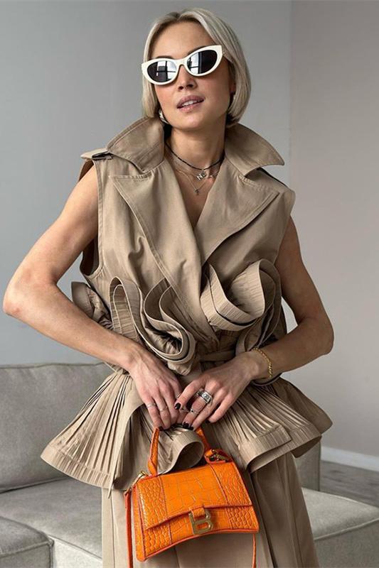 Suzanne Lapel Collar Ruffle Polyester Top-ROVOLE