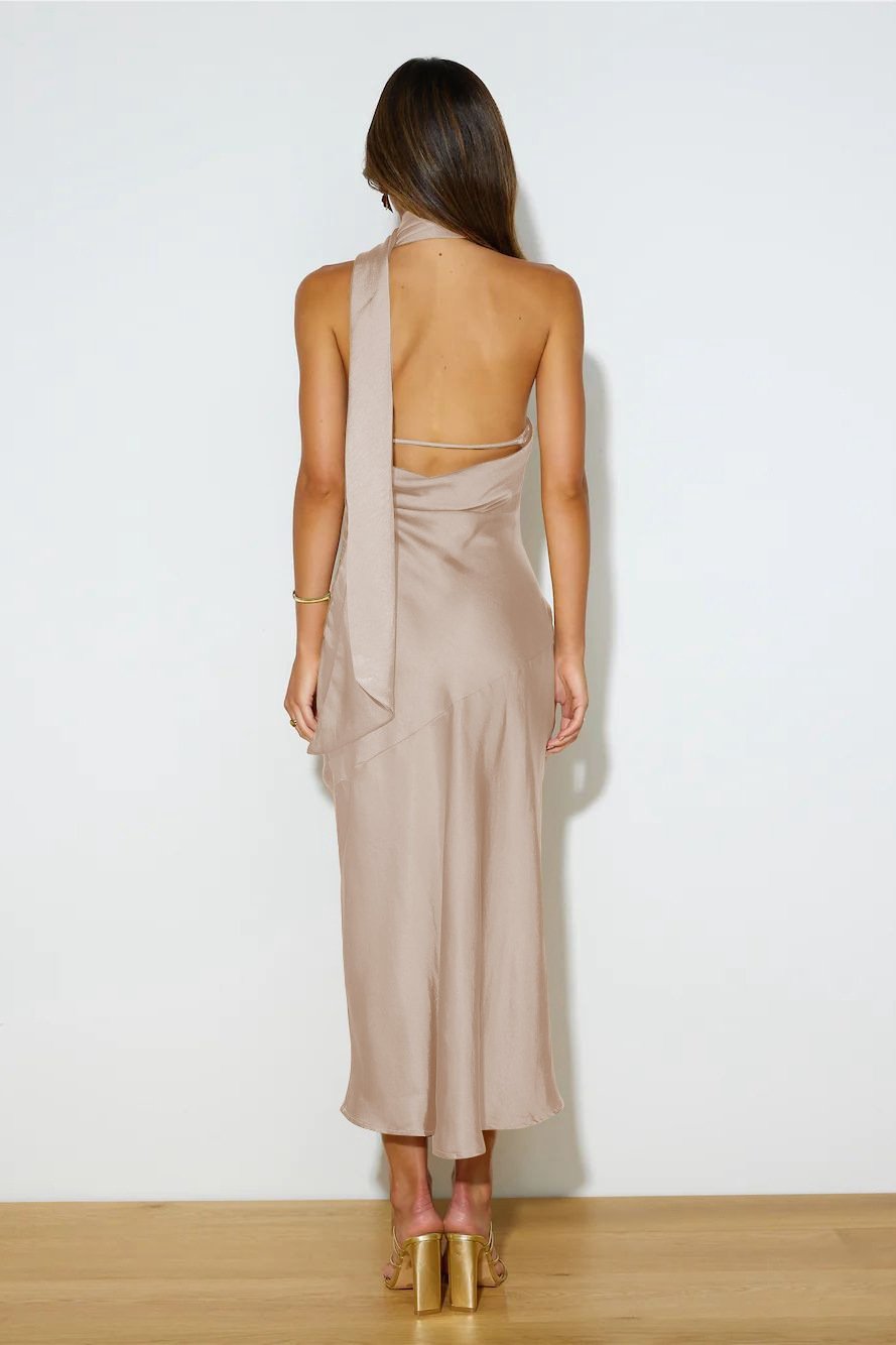 Nad Cowl Halterneck Satin Midi Dress-ROVOLE