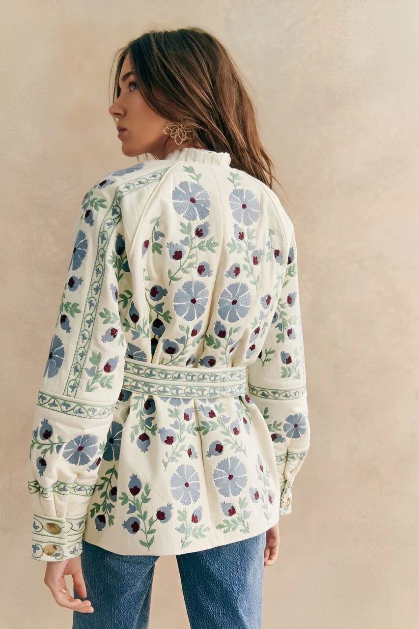 Casual Street Flowers Lace Up Buttons Patchwork O Neck Outerwear-ROVOLE