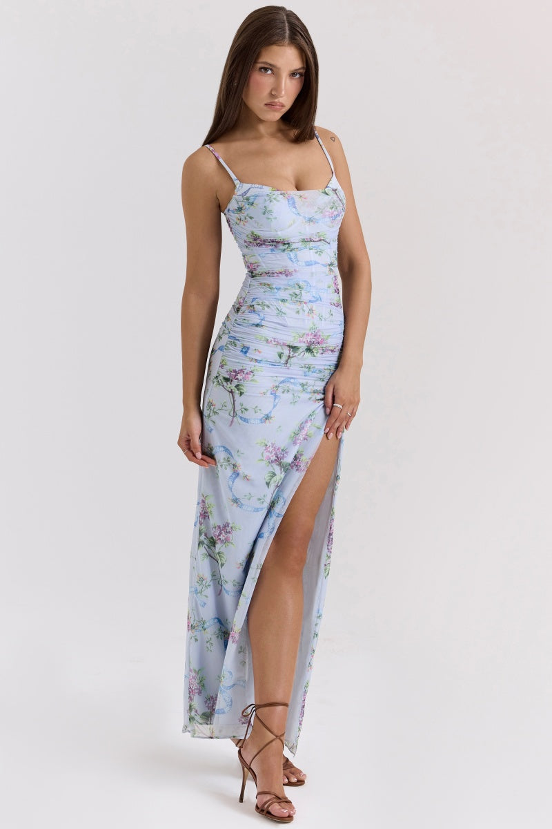 Blue Floral Slit Midi Dress-ROVOLE