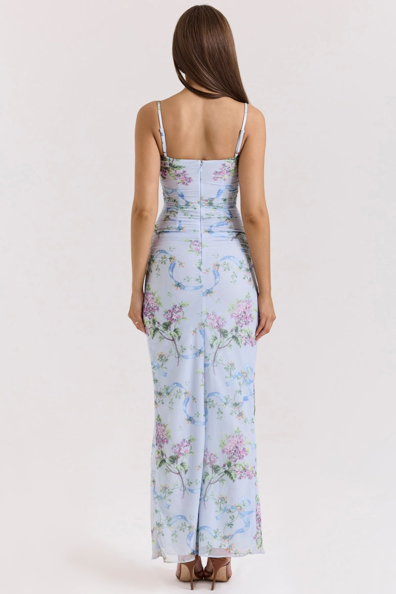 Blue Floral Slit Midi Dress-ROVOLE