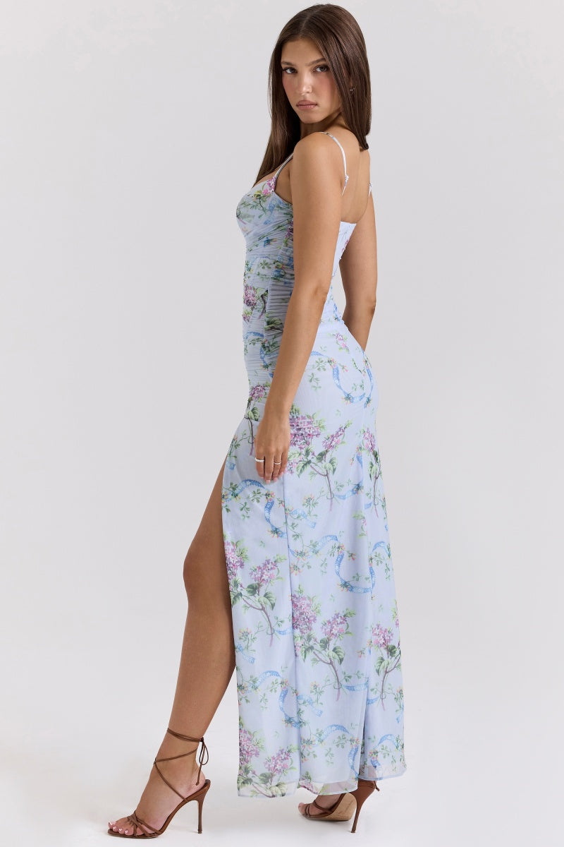 Blue Floral Slit Midi Dress-ROVOLE