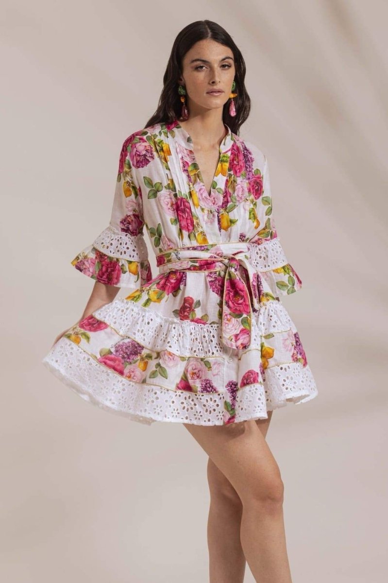 Melissa Printed Lace Trim Ruffle Mini Dress-ROVOLE