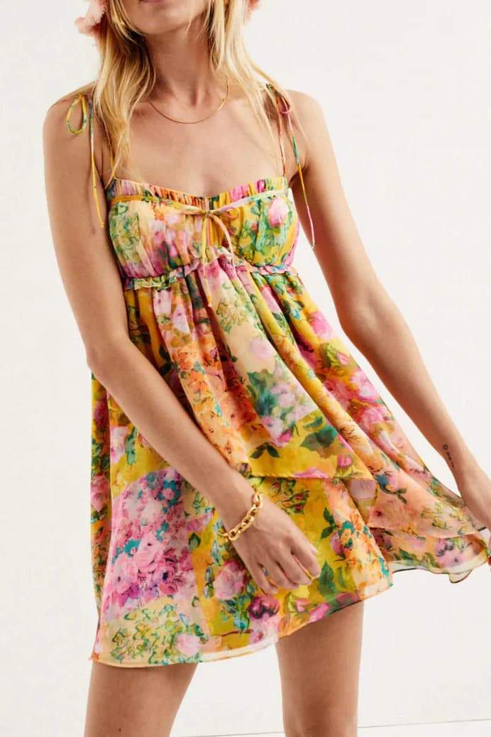 Mona Floral Printed Chiffon Mini Dress-ROVOLE