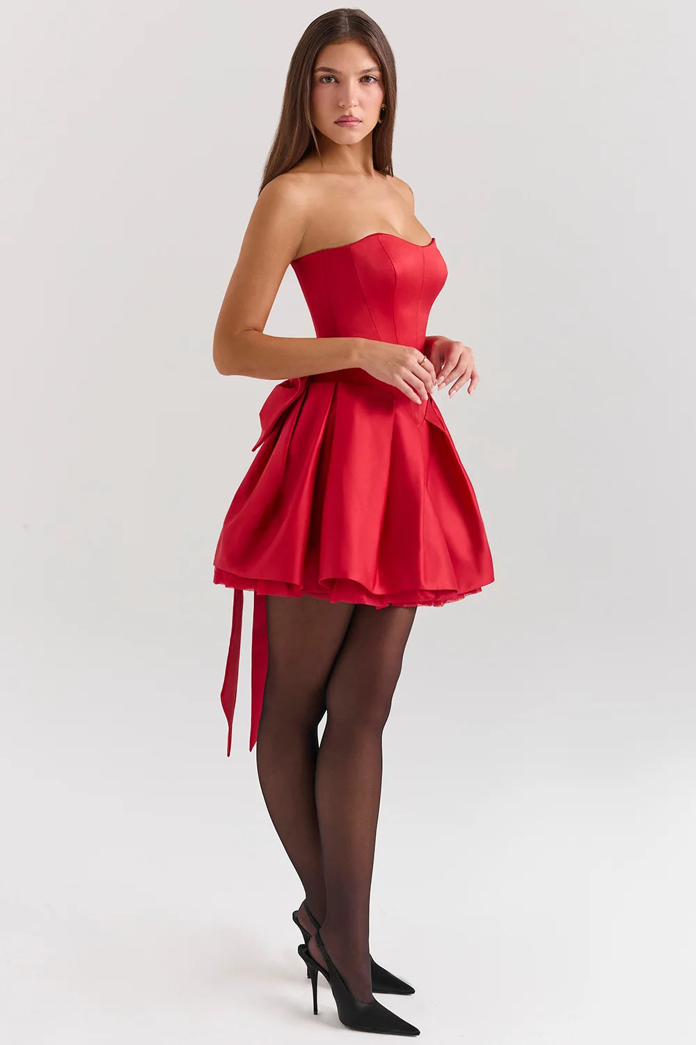 Red Satin Detachable Bow Mini Dress-ROVOLE