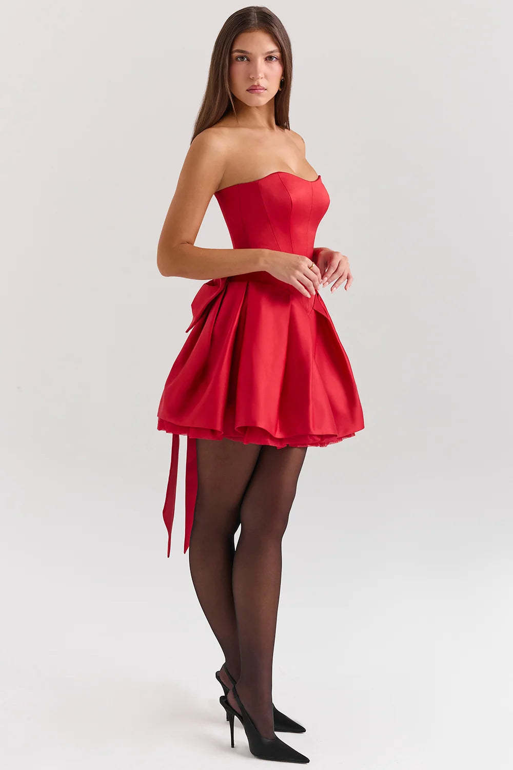 Red Satin Detachable Bow Mini Dress-ROVOLE