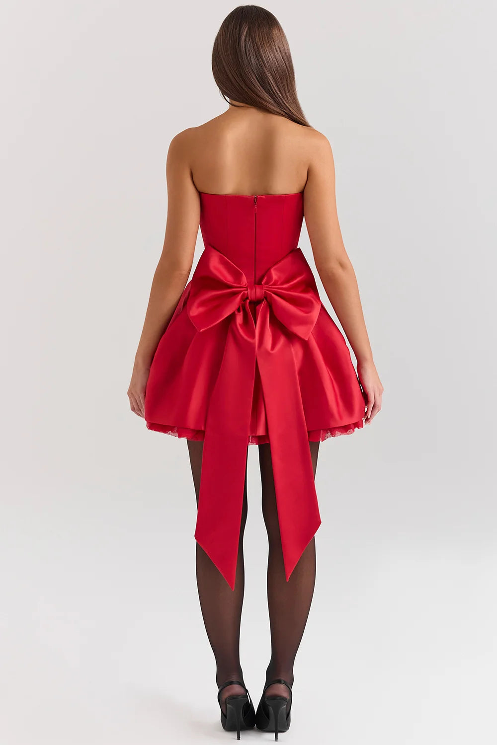 Red Satin Detachable Bow Mini Dress-ROVOLE
