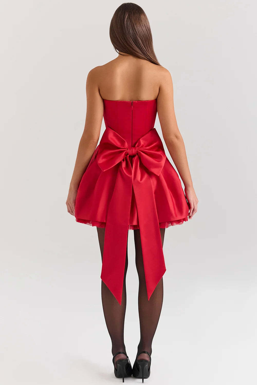 Red Satin Detachable Bow Mini Dress-ROVOLE