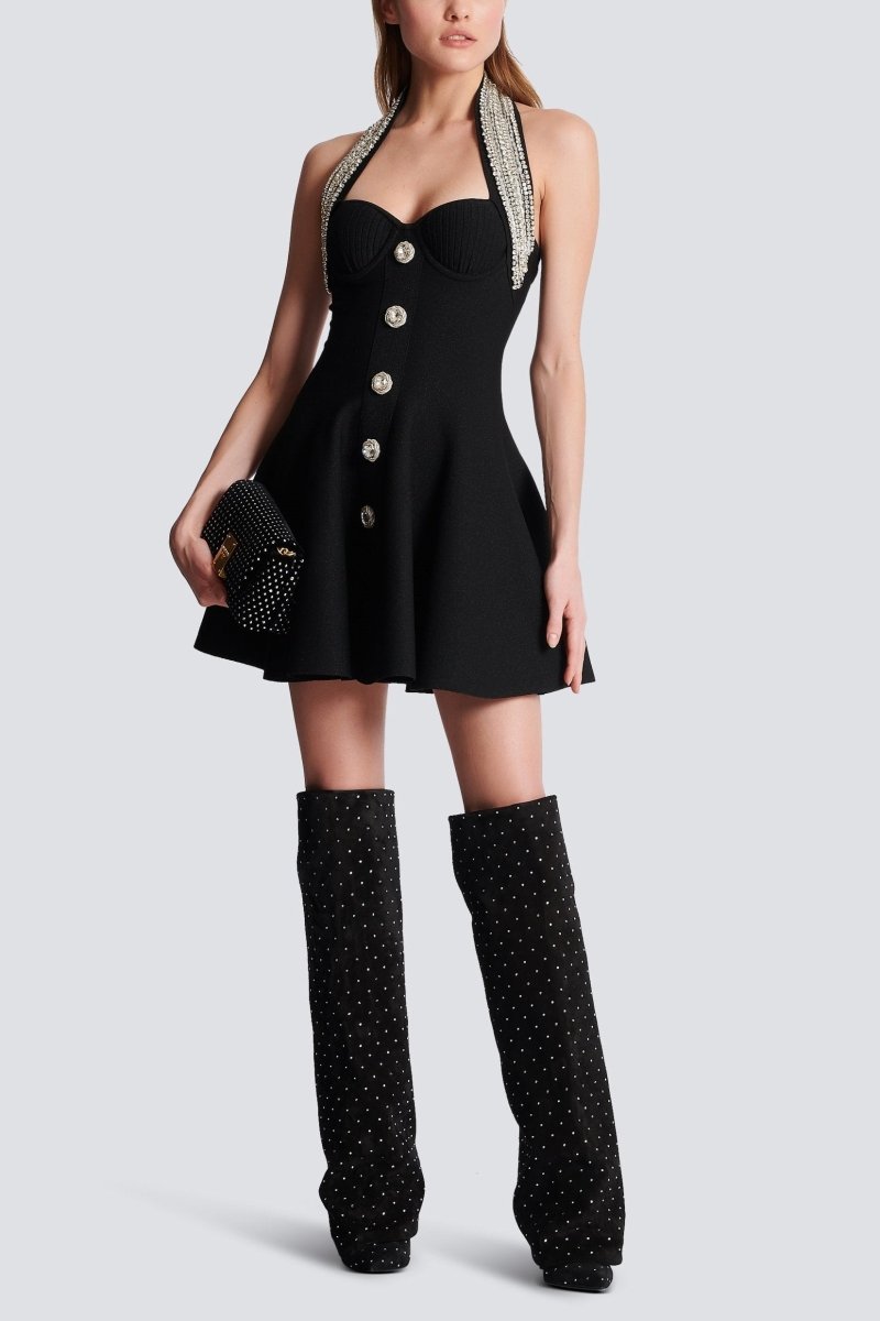 Patricia Crystal Embellished Halter Mini Knit Dress-ROVOLE