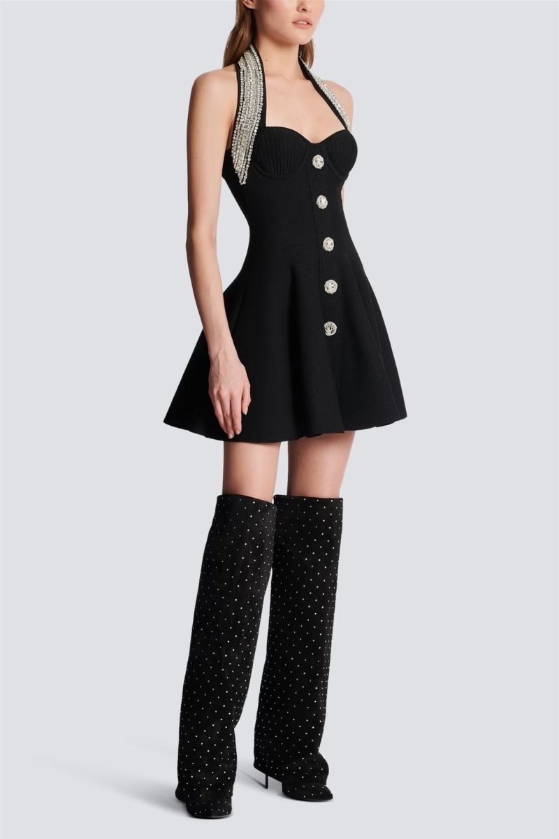 Patricia Crystal Embellished Halter Mini Knit Dress-ROVOLE