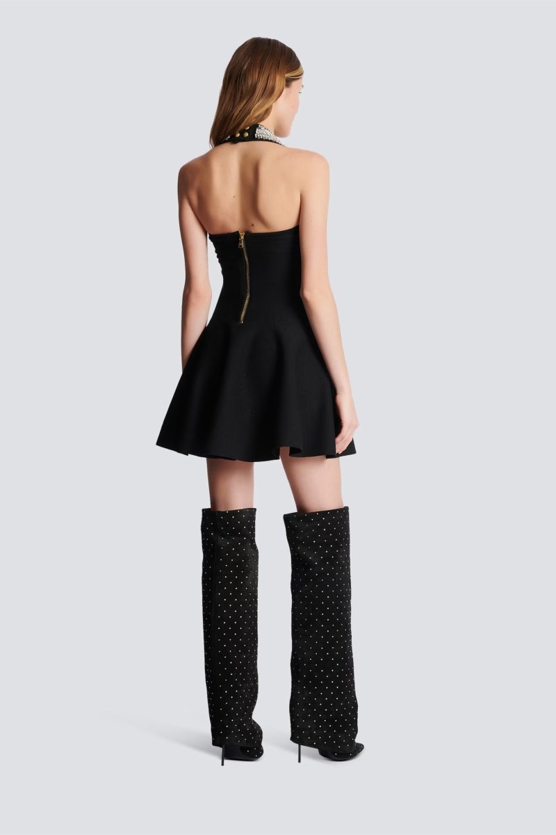 Patricia Crystal Embellished Halter Mini Knit Dress-ROVOLE