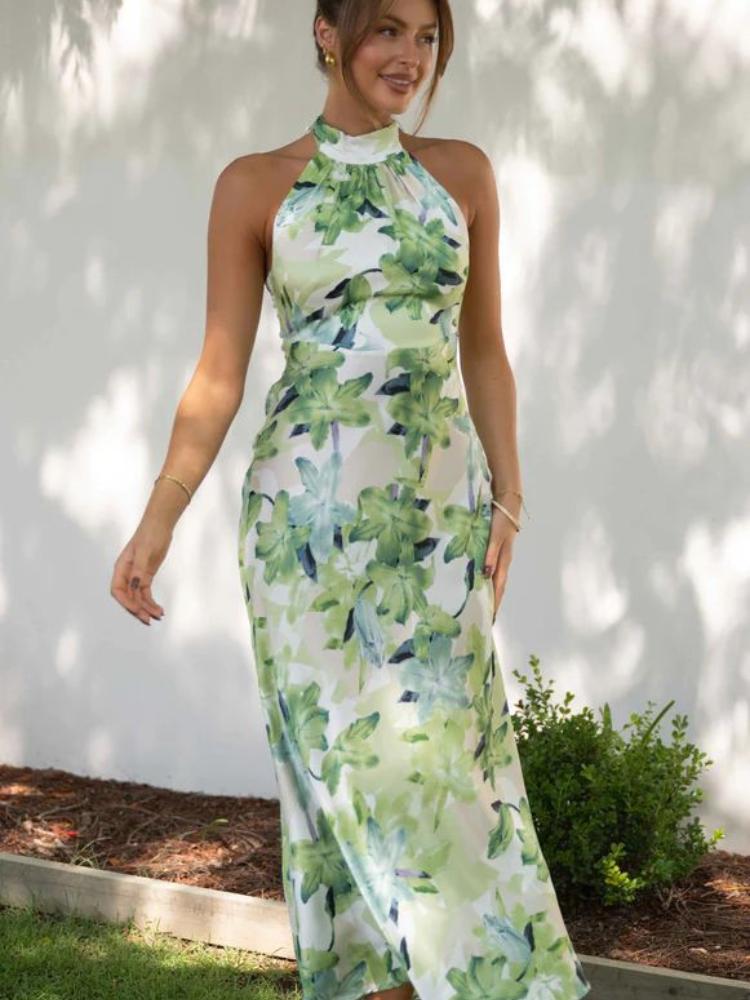 Gill Printed Halterneck Backless Satin Midi Dress-ROVOLE