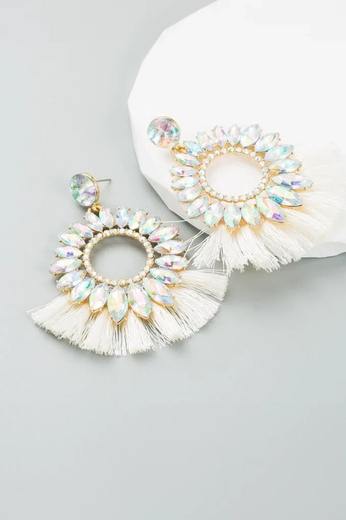 Naomi Sunflower Shape Diamante Tassel Earrings-ROVOLE