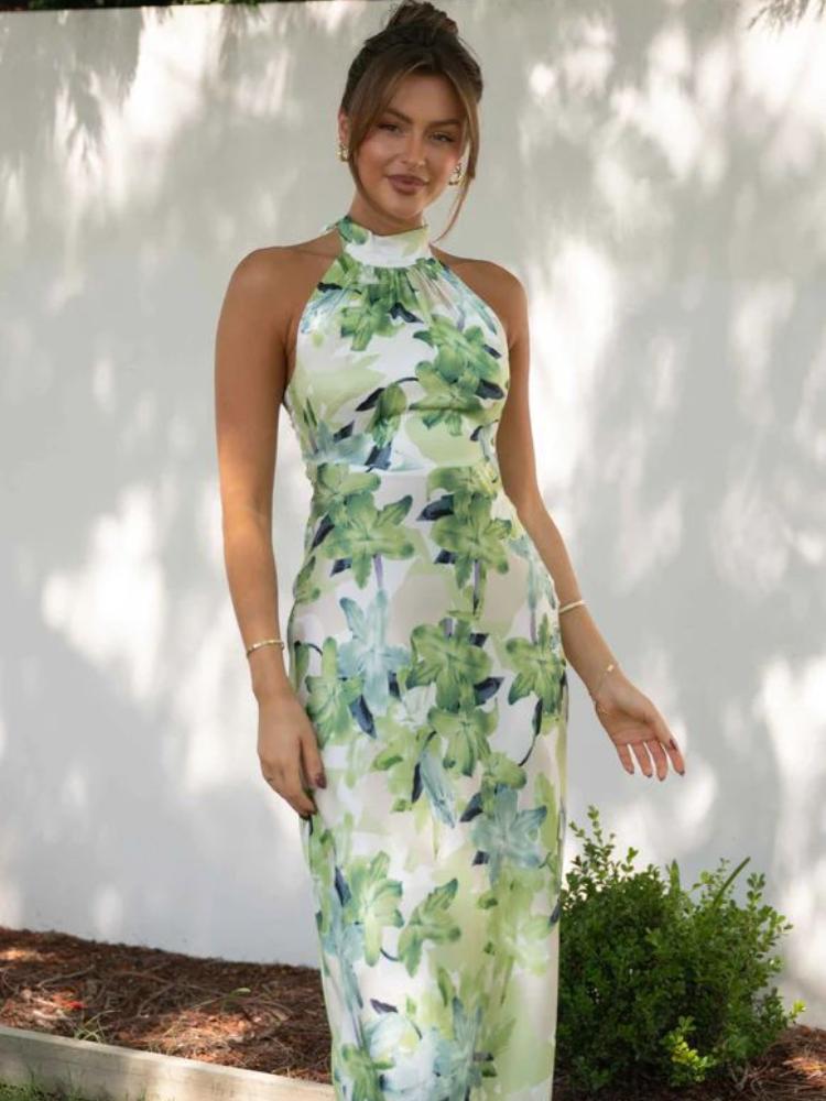 Gill Printed Halterneck Backless Satin Midi Dress-ROVOLE