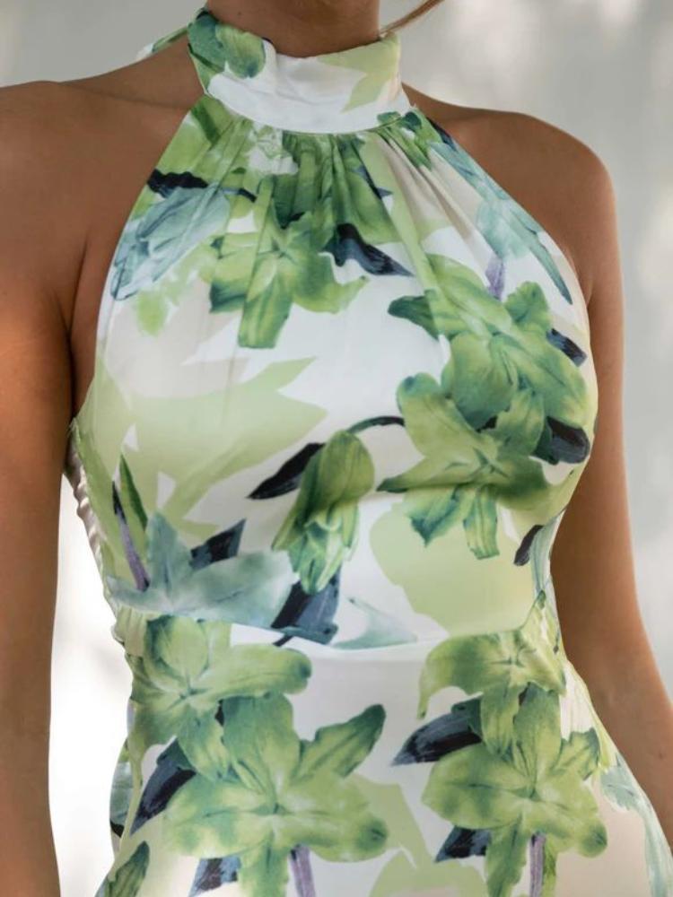 Gill Printed Halterneck Backless Satin Midi Dress-ROVOLE