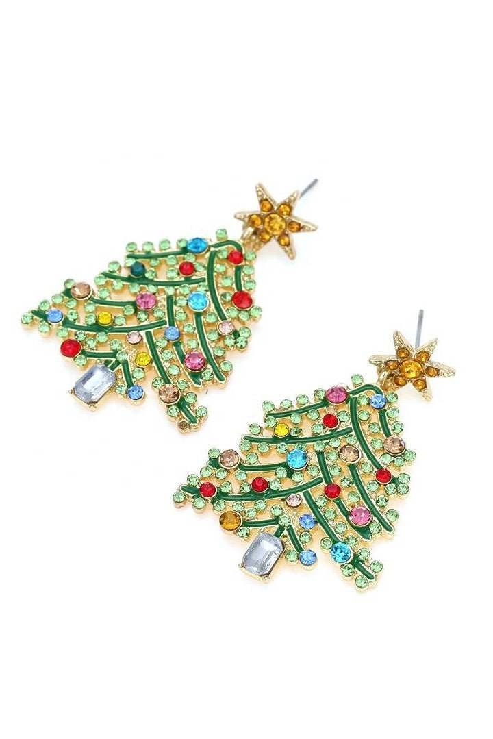 Rhinestone Christmas Tree Drop Earrings-ROVOLE