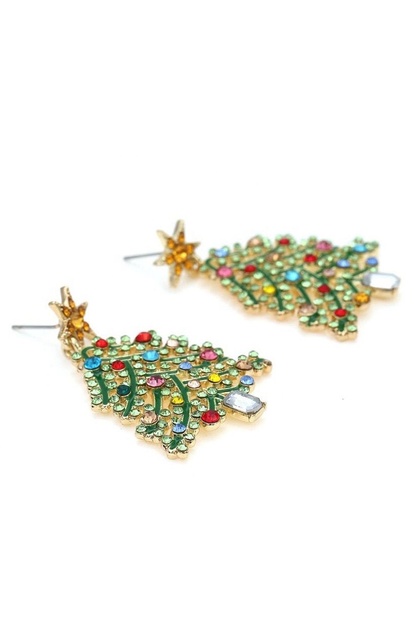 Rhinestone Christmas Tree Drop Earrings-ROVOLE