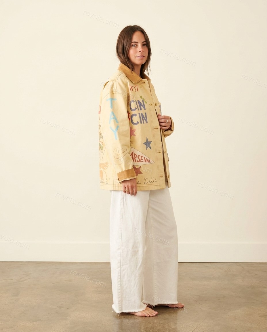 Ecru Elevated Printed Wide-Leg Jacket by rovole.com