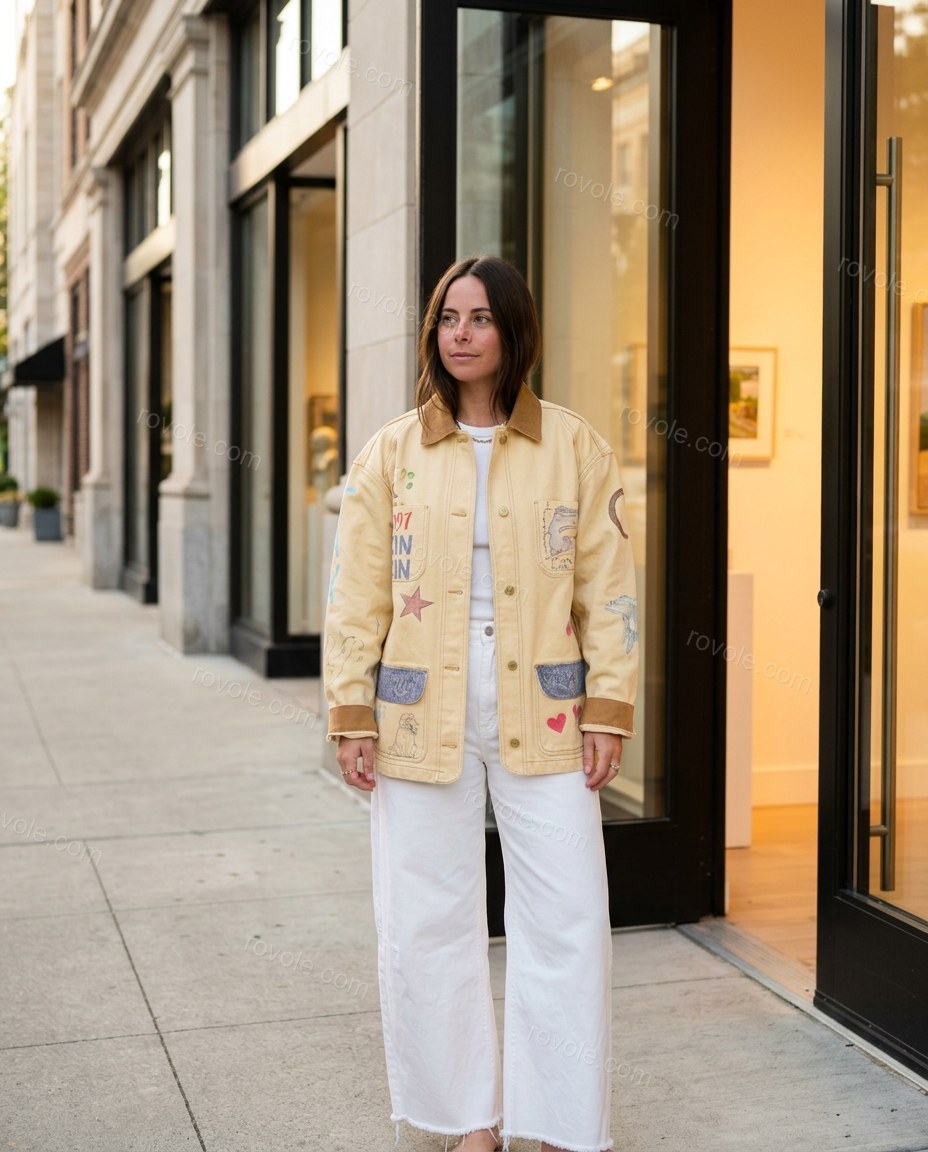 Ecru Elevated Printed Wide-Leg Jacket by rovole.com