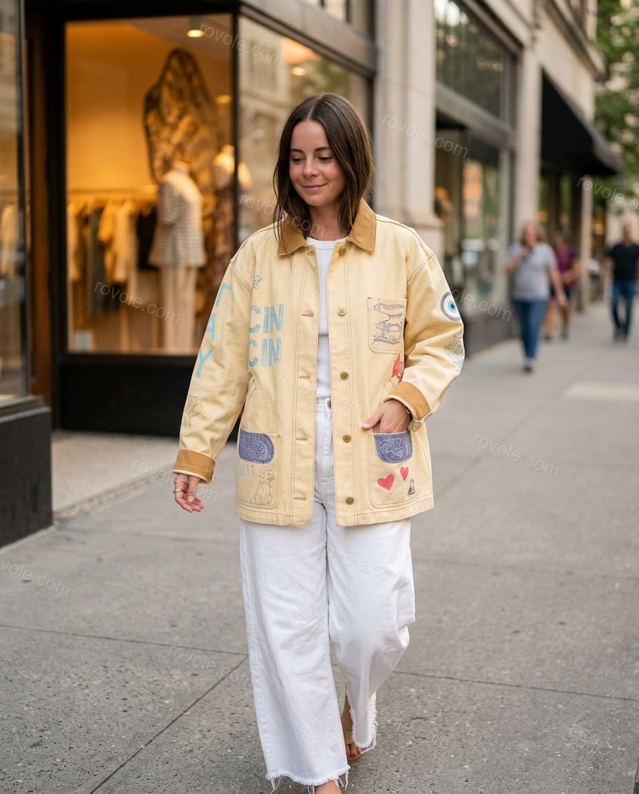 Ecru Elevated Printed Wide-Leg Jacket by rovole.com