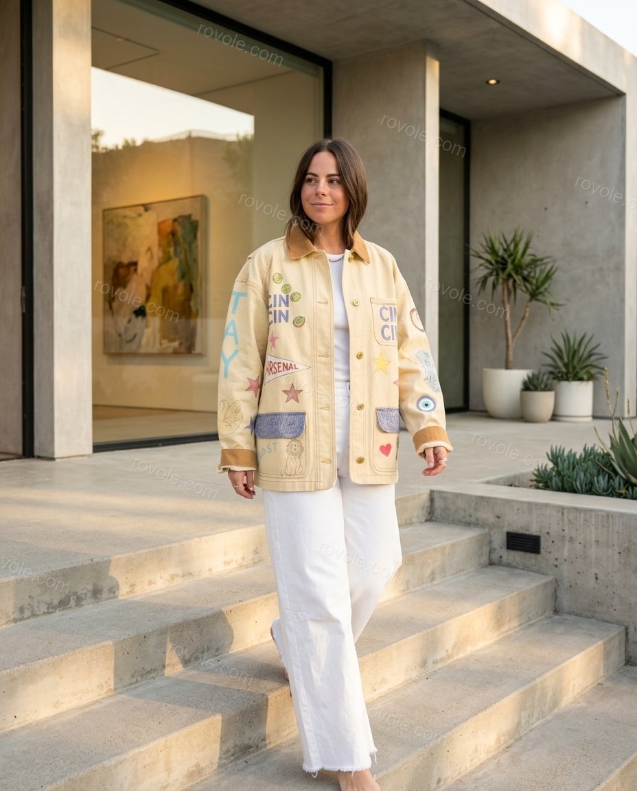 Ecru Elevated Printed Wide-Leg Jacket by rovole.com