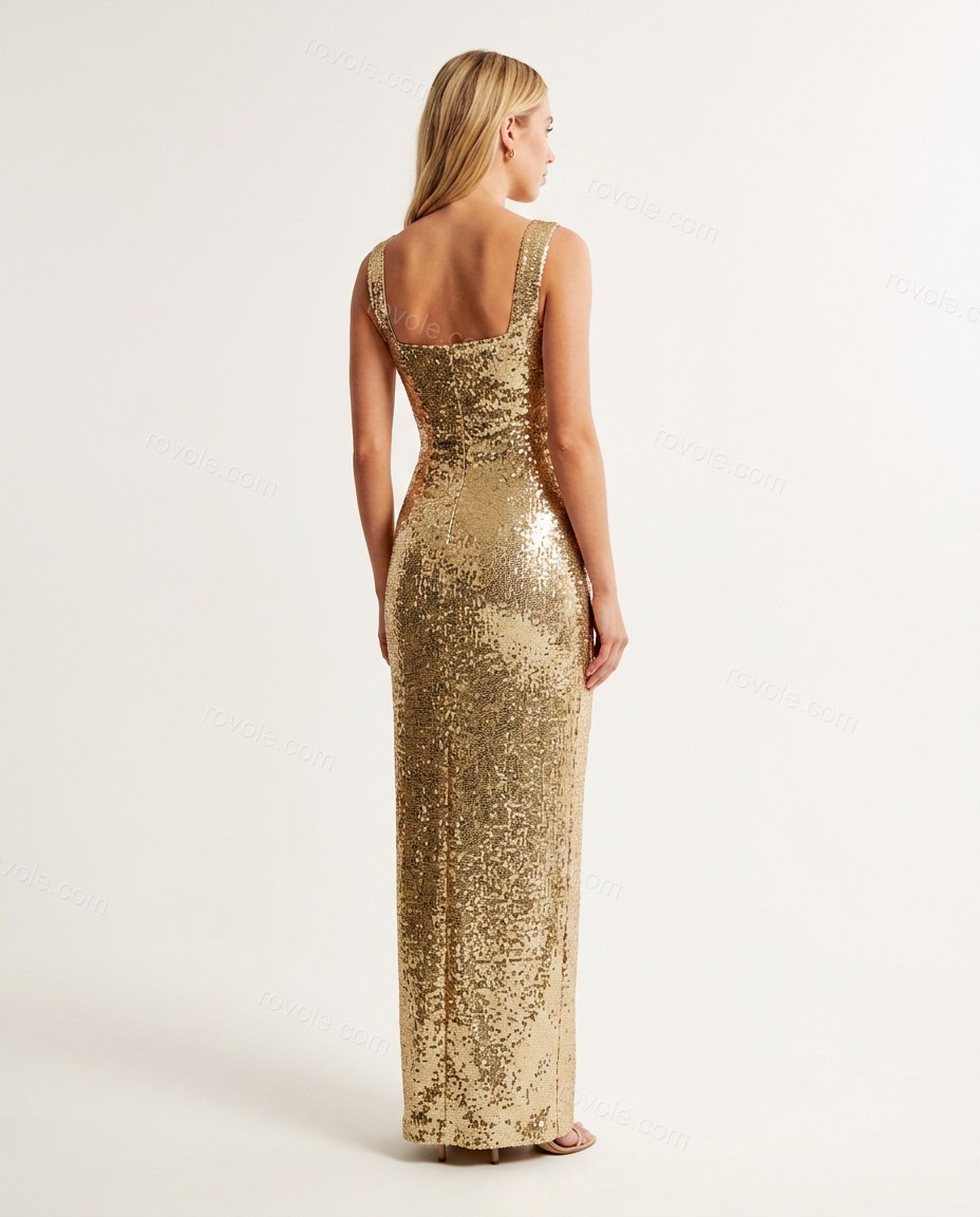 Gold Sleek Sequin Maxi Dress Gold Maxi Dress with Structured silhouette and Textured texture, side or back garment view for Event Dressing, an estate dinner at golden hour, Summer weekend plans, dinner reservations, and late-summer travel, US East / Hampt by rovole.com