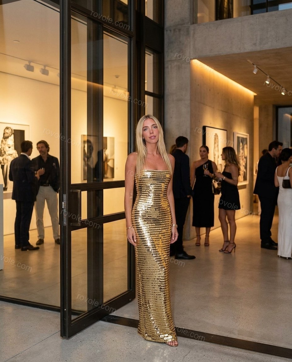 Gold Sleek Sequin Maxi Dress Gold Maxi Dress with Structured silhouette and Textured texture, editorial ecommerce scene for Event Dressing, an estate dinner at golden hour, Summer weekend plans, dinner reservations, and late-summer travel, US East / Hampt by rovole.com