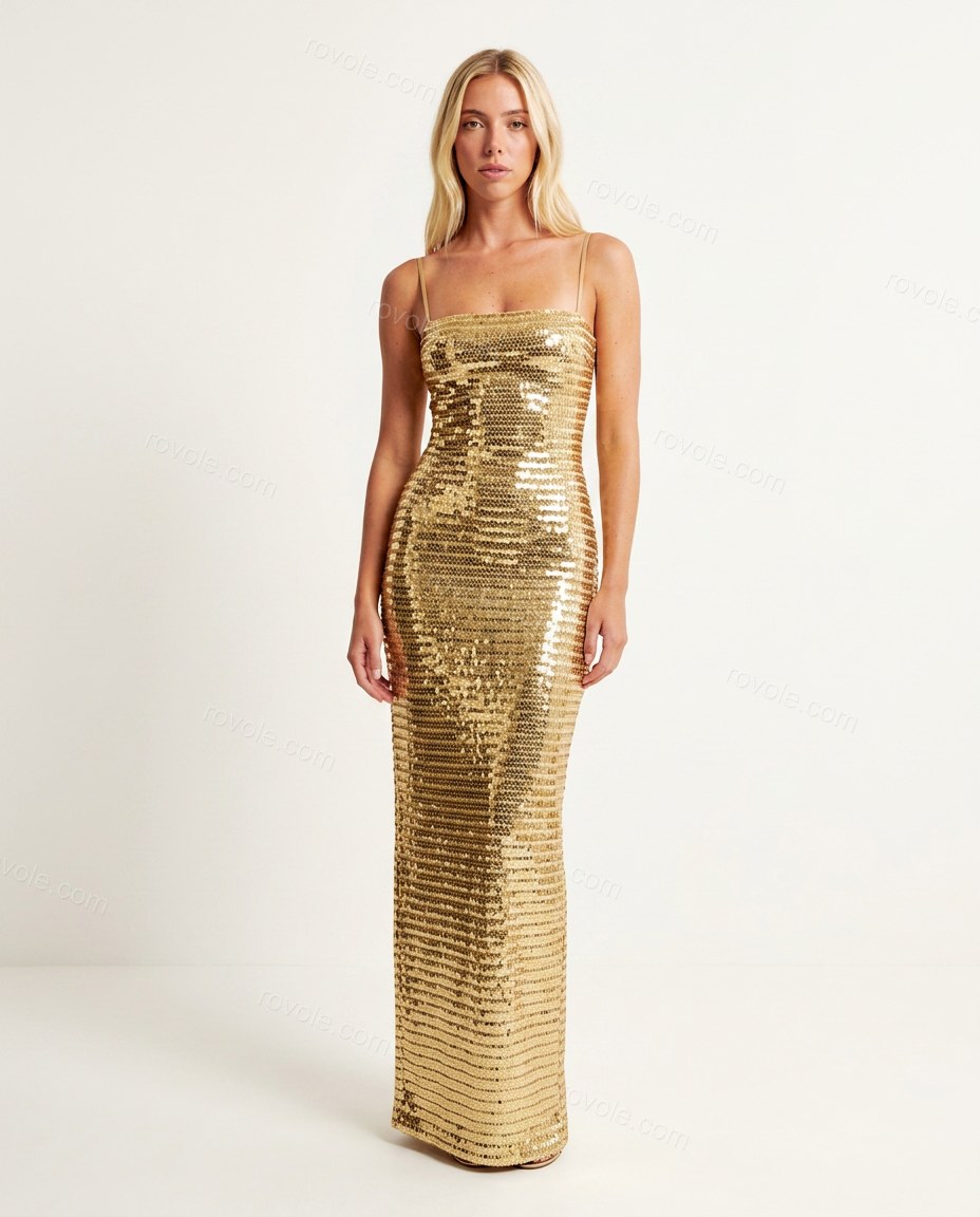 Gold Sleek Sequin Maxi Dress Gold Maxi Dress with Structured silhouette and Textured texture, clean studio product view for Event Dressing, an estate dinner at golden hour, Summer weekend plans, dinner reservations, and late-summer travel, US East / Hampt by rovole.com
