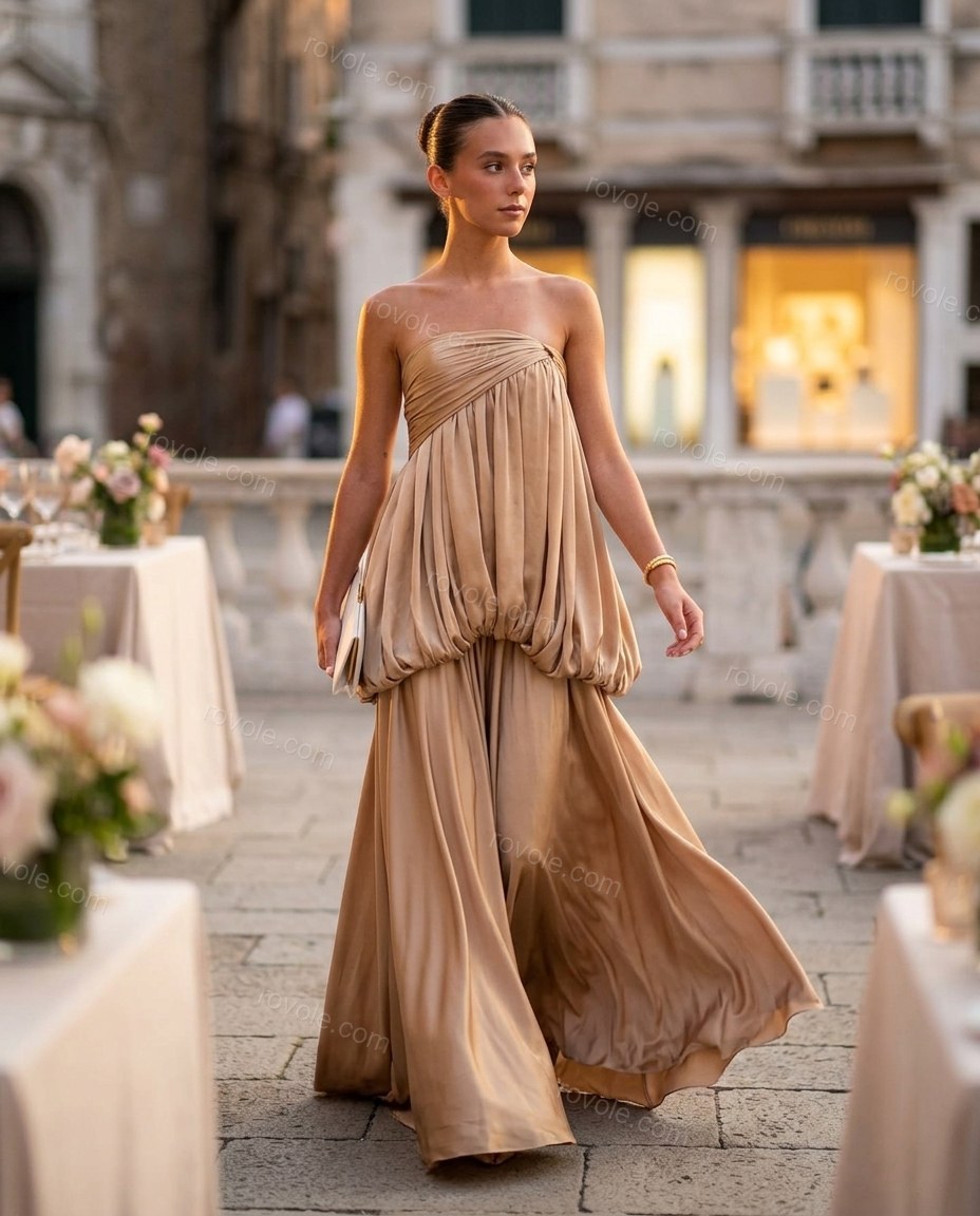 Champagne Elevated Satin Maxi Dress by rovole.com