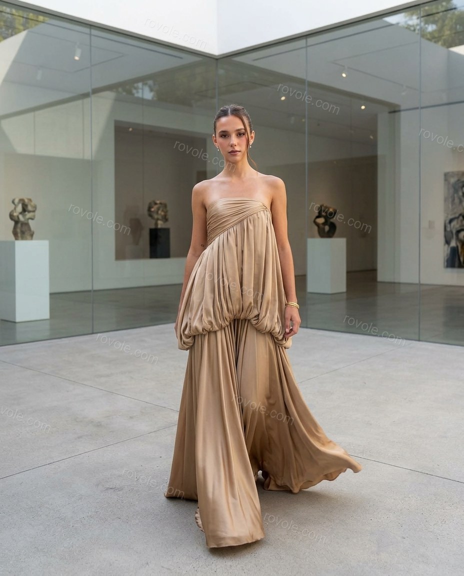 Champagne Elevated Satin Maxi Dress by rovole.com