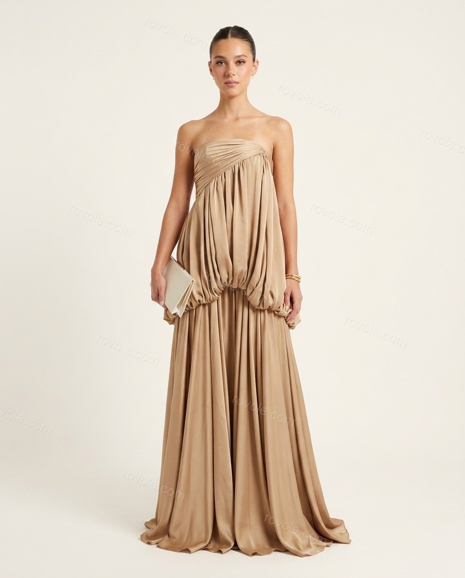 Champagne Elevated Satin Maxi Dress by rovole.com