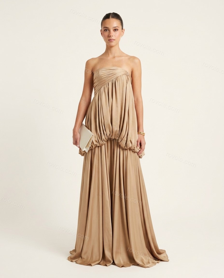 Champagne Elevated Satin Maxi Dress by rovole.com