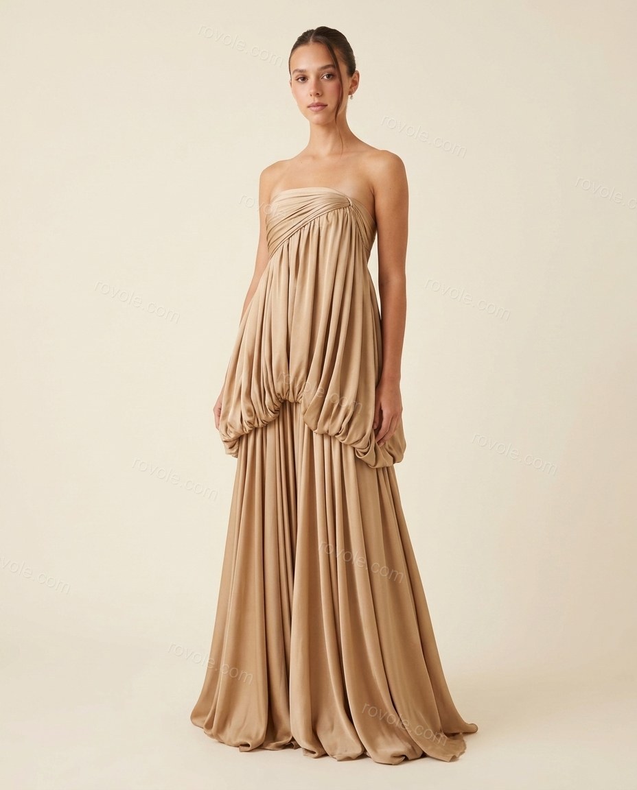 Champagne Elevated Satin Maxi Dress by rovole.com
