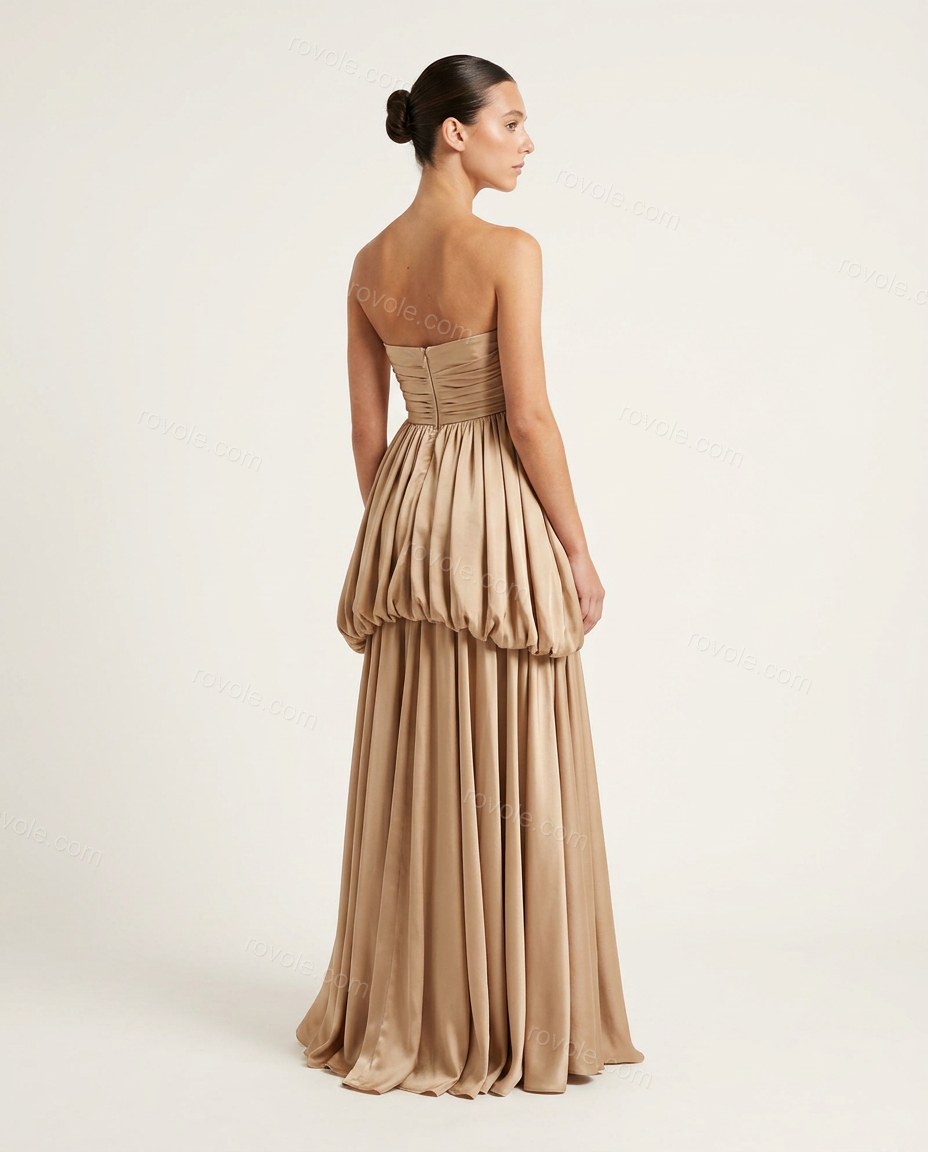 Champagne Elevated Satin Maxi Dress by rovole.com