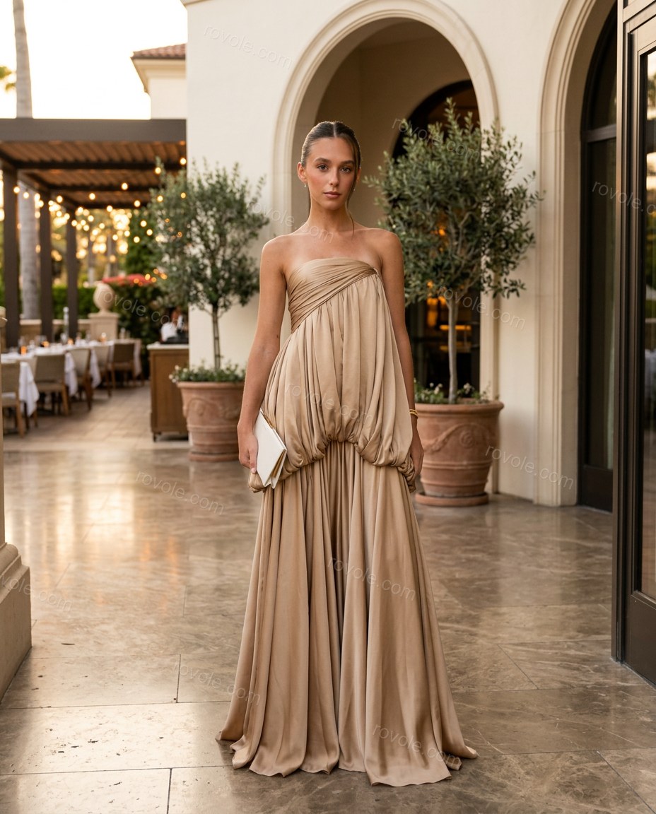Champagne Elevated Satin Maxi Dress by rovole.com
