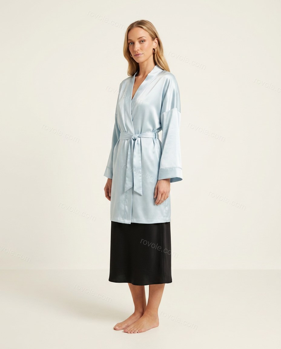 Light Blue Elevated Satin Jacket Light Blue Jacket with Relaxed Fit silhouette and Satin texture, clean studio product view for Wedding Guest, a private garden lunch, Summer weekend plans, dinner reservations, and late-summer travel, US East / Hamptons El by rovole.com