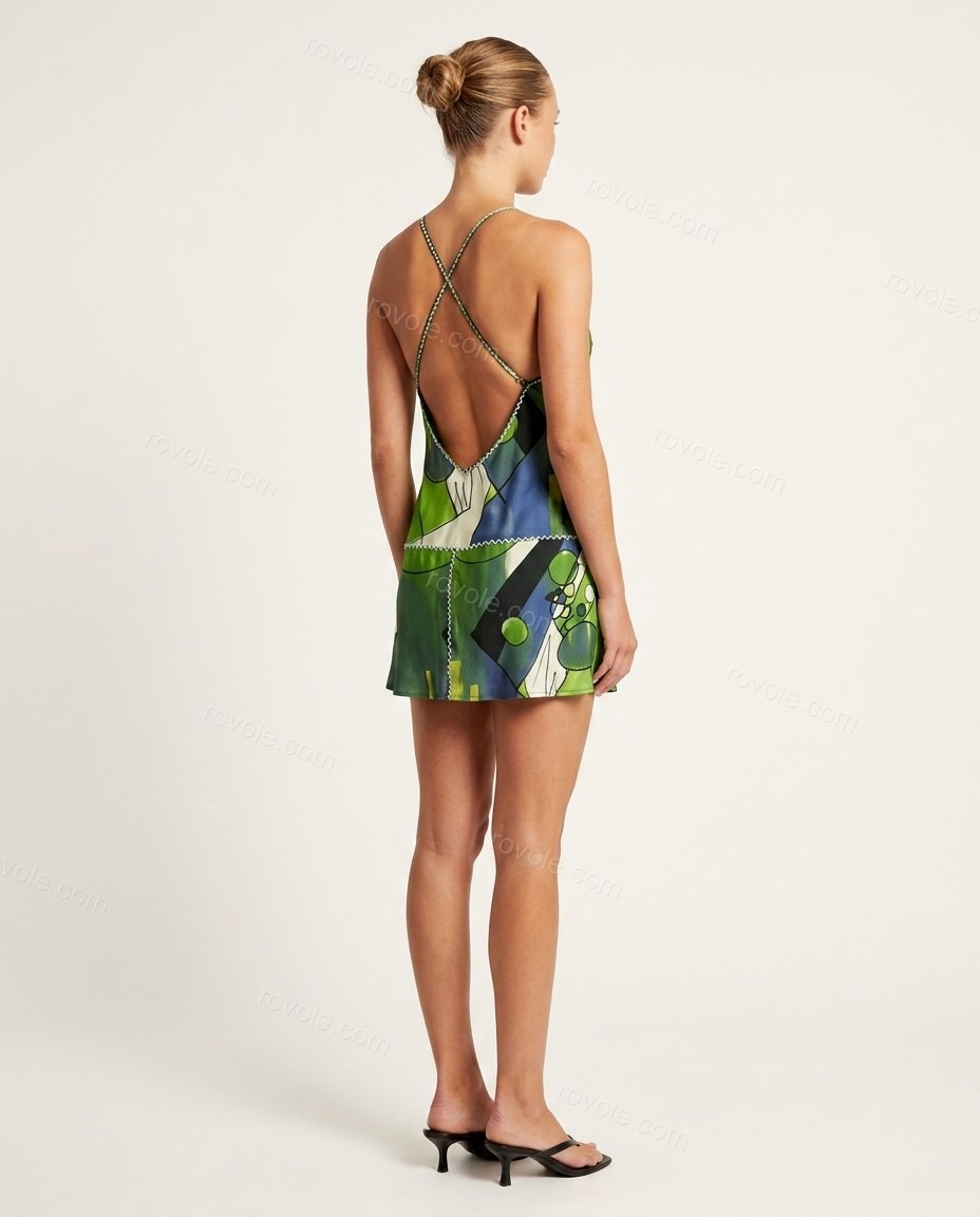 Green Abstract Mini Open-Back Dress, back studio view showing open back design with thin straps crossing at the center, by rovole.com