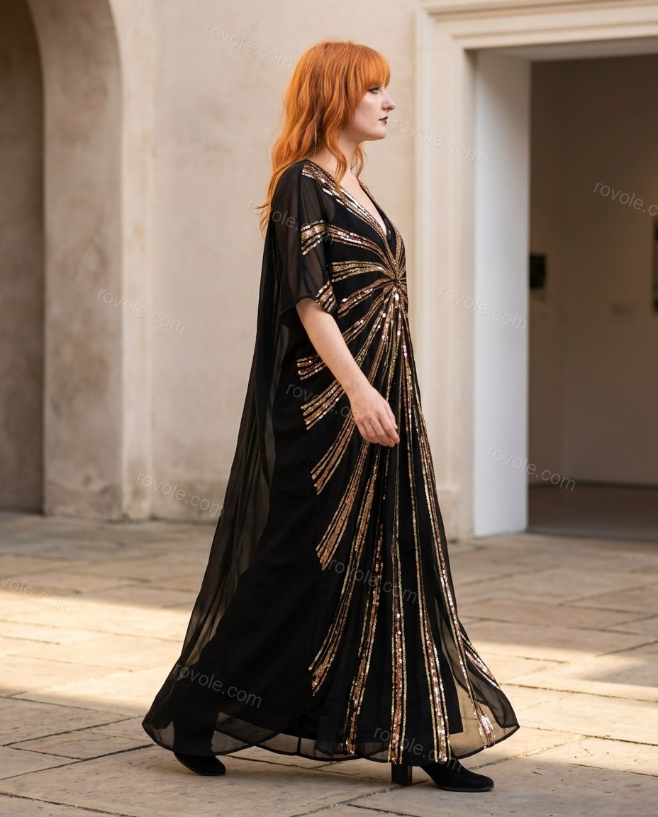Black Maxi Chiffon Dress, walking lifestyle view, by rovole.com