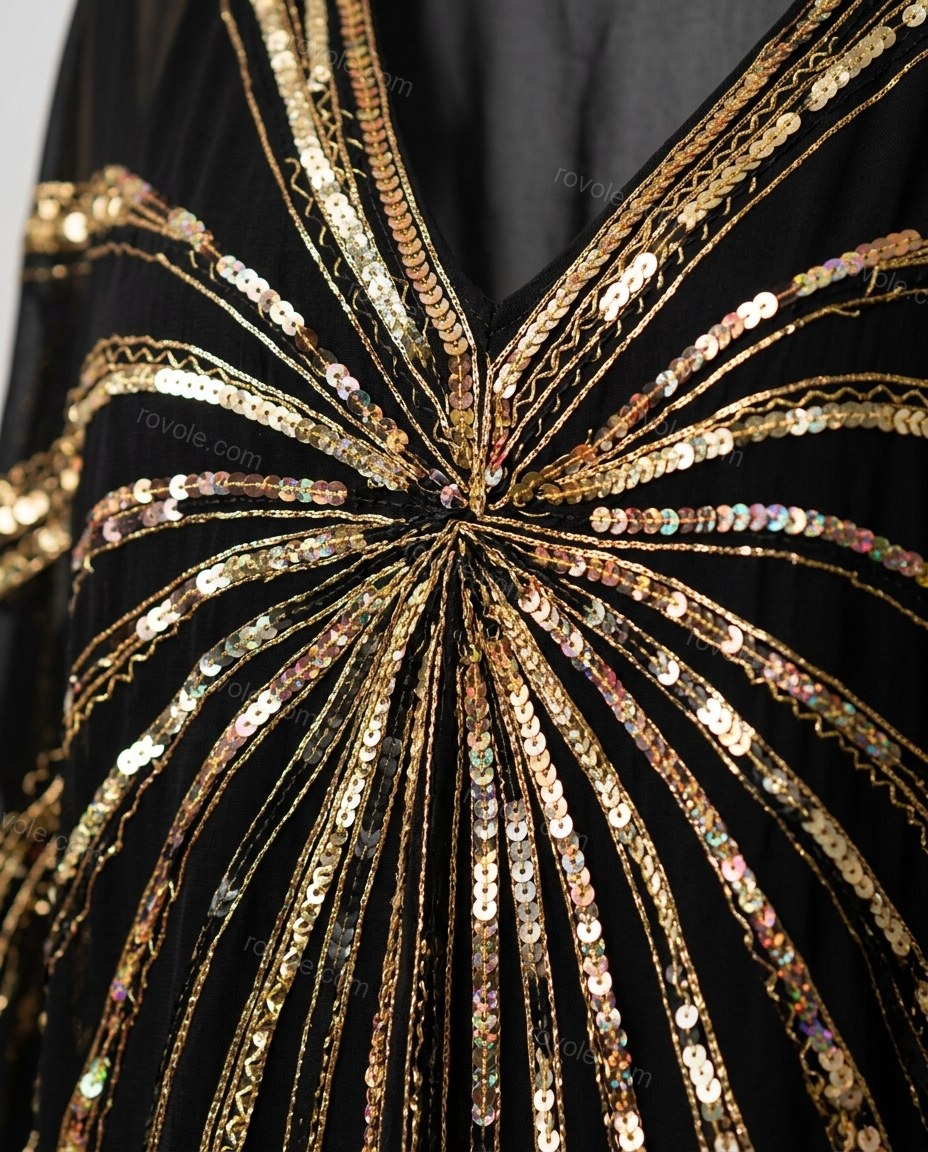 Black Maxi Chiffon Dress, close-up of gold accents, sequins and sheer chiffon fabric, by rovole.com