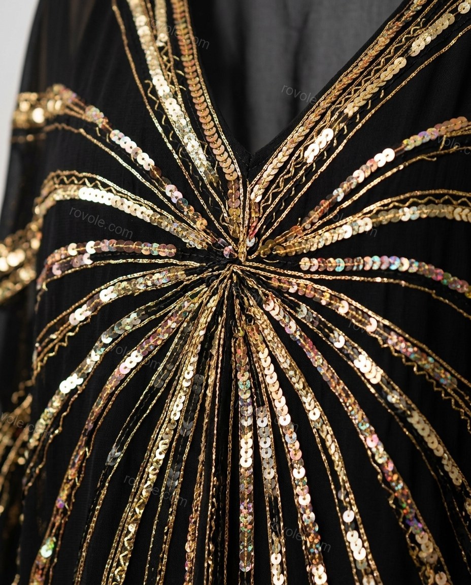 Black Maxi Chiffon Dress, close-up of gold accents, sequins and sheer chiffon fabric, by rovole.com