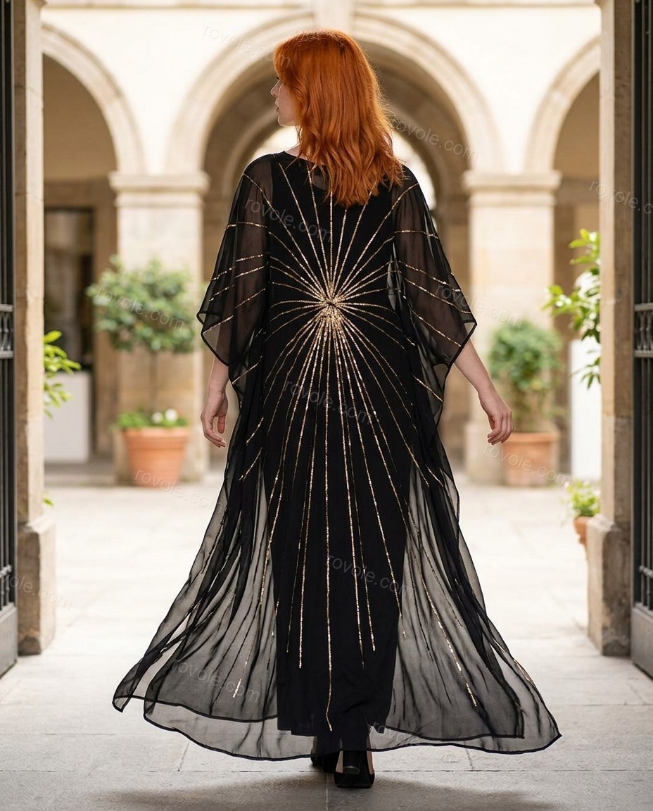 Black Maxi Chiffon Dress, movement and fit lifestyle view, by rovole.com
