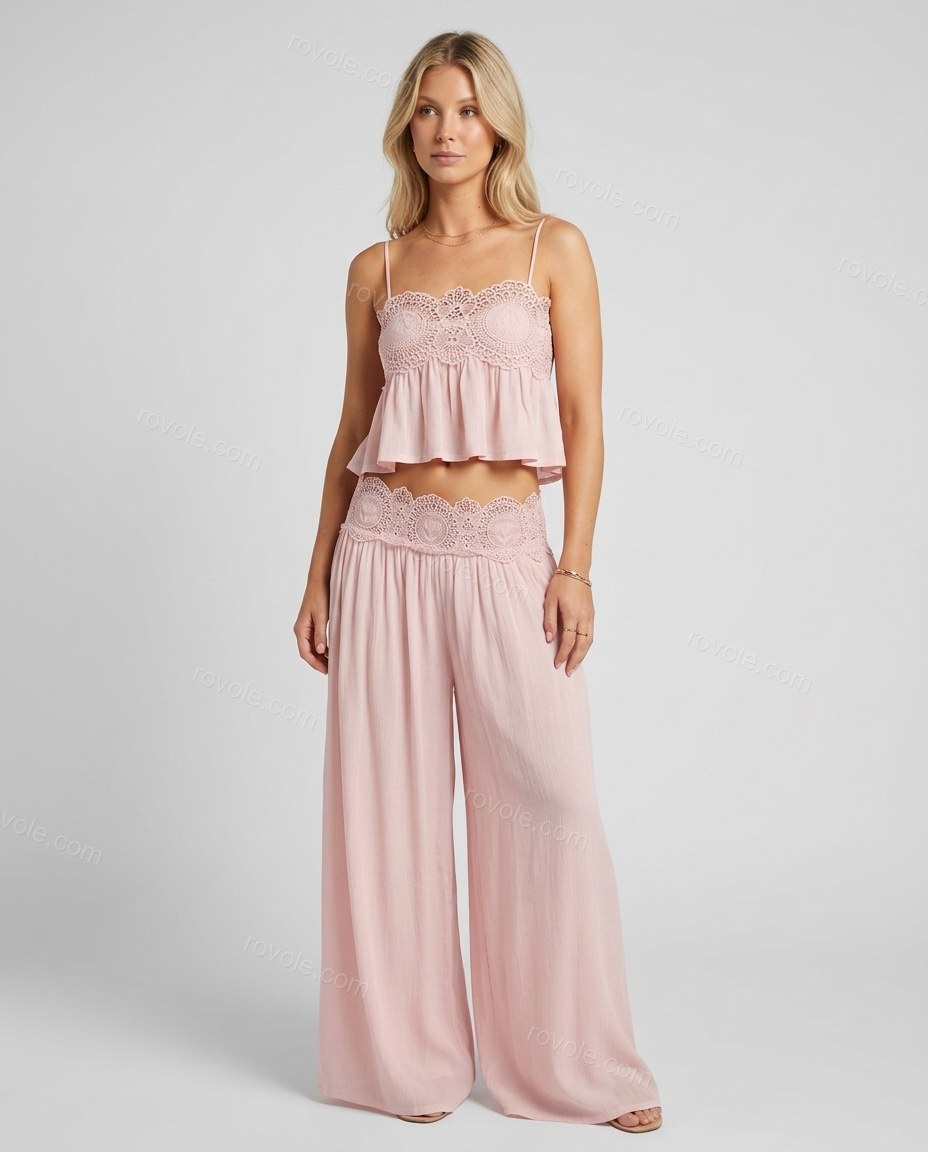 Light Pink Ruffled Peplum Lace Top & Pants Set, front studio view, by rovole.com