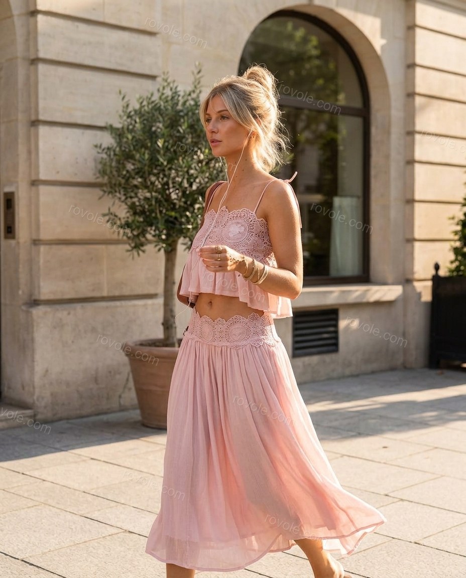 Light Pink Ruffled Peplum Lace Top & Pants Set, walking lifestyle view, by rovole.com
