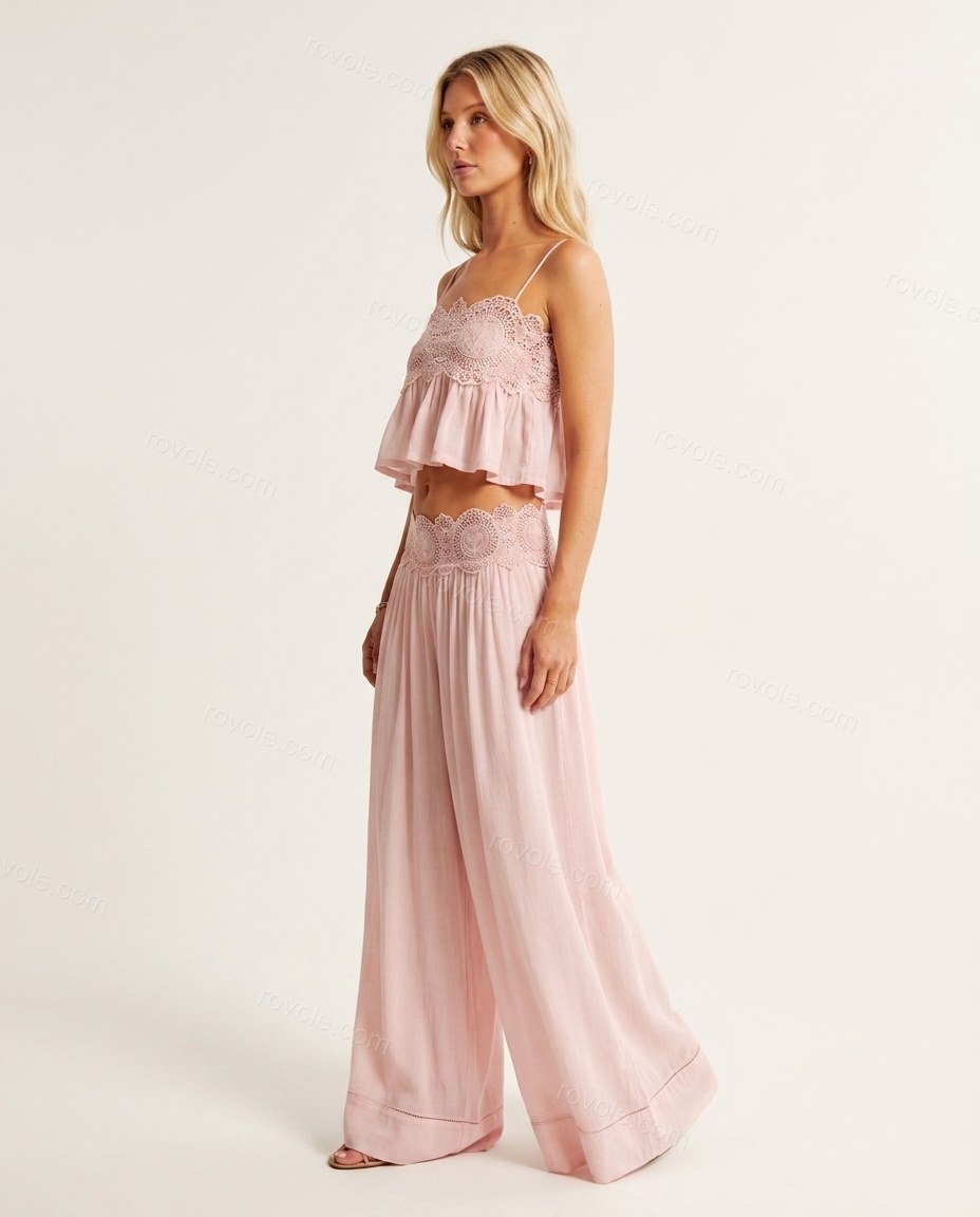 Light Pink Ruffled Peplum Lace Top & Pants Set, side and back studio view, by rovole.com